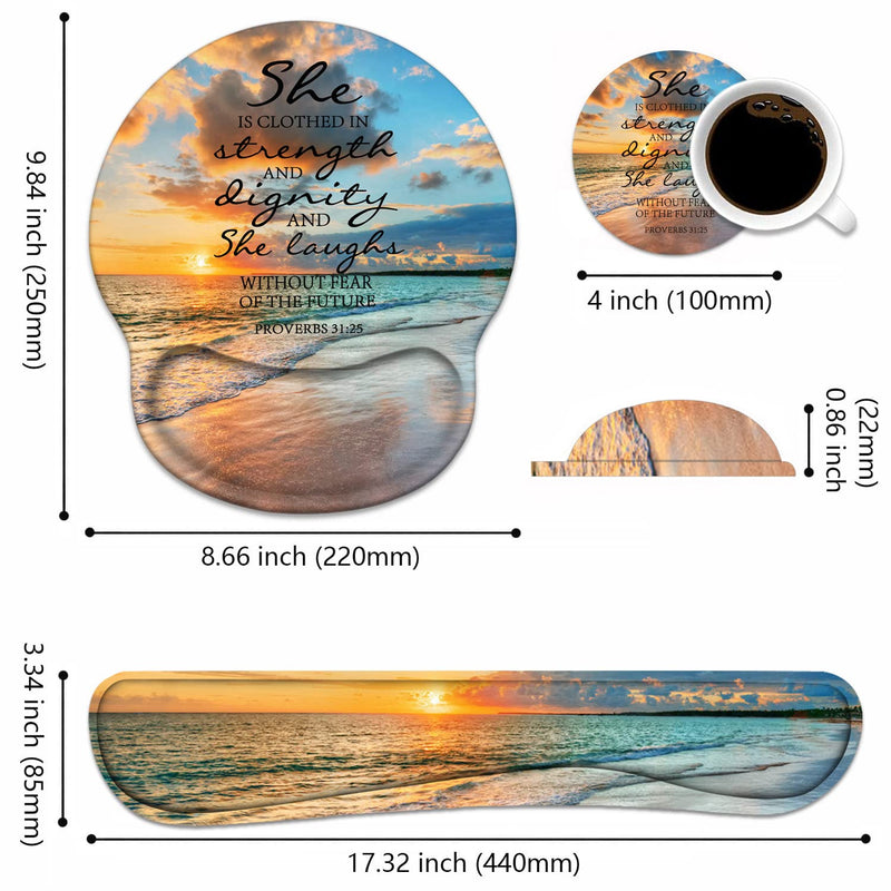 [Australia - AusPower] - Keyboard Wrist Rest + Mouse Pad Wrist Support Set with Coasters, Non-Slip PU Base Ergonomic Mousepad for Home Office Working Studying Easy Typing & Pain Relief, Bible Verses Proverbs 31:25 