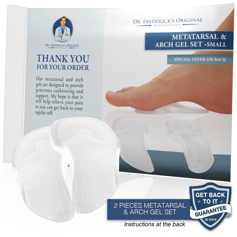 [Australia - AusPower] - Dr. Frederick's Original Self-Adhesive Metatarsal and Arch Support Insole Gel Pads - 2 Pieces - Generous Ball of Foot Cushions for Arch Support, Plantar Fasciitis & More - Small - W4.5-8 | M6-7 Small (Pack of 2) 