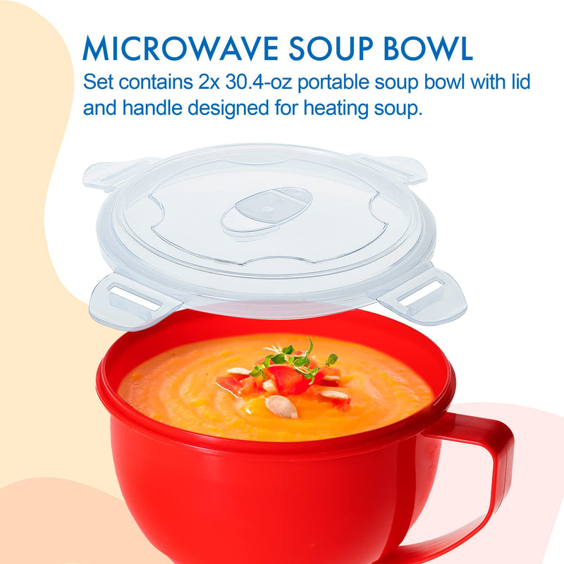 [Australia - AusPower] - Microwave Bowl with Lid, 2-Pack Microwave Soup Bowl with Lid, Noodle Bowl for Ramen, Soup, Beverages, 30.43 Ounces, Red 