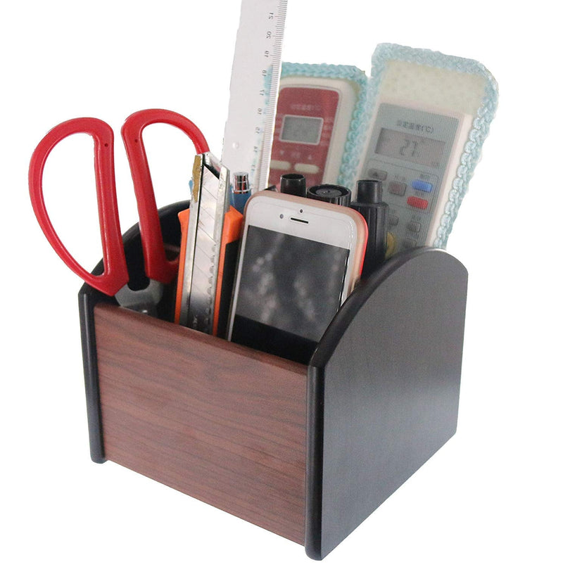 [Australia - AusPower] - Coideal Rotating Remote Control Holder Caddy, 4 Compartment Revolving Wooden Desktop Office Supplies Storage Organizer / Spinning Pen Pencil Stationery Holder Container Box for Desk Home 4 compartments 