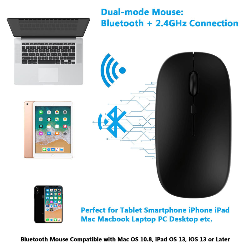 [Australia - AusPower] - Bluetooth Mouse, Rechargeable Computer Wireless Mouse for MacBook Pro/ MacBook Air Laptop Desktop PC Mac iMac iPad iPhone Tablet Cell Phone Windows Android Portable Silent 2.4G Cordless Mice (Black) Black 