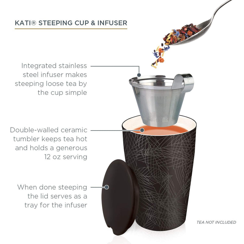 [Australia - AusPower] - Tea Forte Kati Cup Noir, Ceramic Tea Infuser Cup with Infuser Basket and Lid for Steeping Loose Leaf Tea 