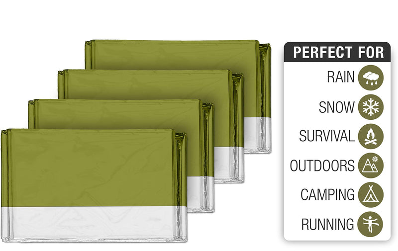 [Australia - AusPower] - Swiss Safe Emergency Mylar Thermal Blankets + Bonus Gold Foil Space Blanket. Designed for NASA, Outdoors, Survival, First Aid, Army Green, 4 Pack 