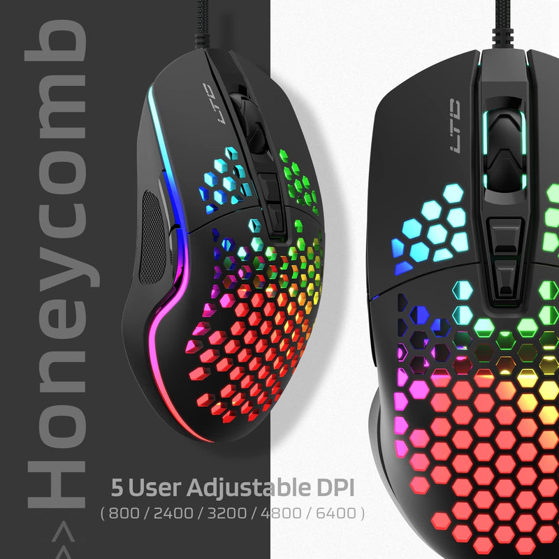 [Australia - AusPower] - LTC Circle Pit HM-001 RGB Gaming Mouse with Lightweight Honeycomb Shell, Adjusted 6400DPI, 6 Programmable Buttons, Black 