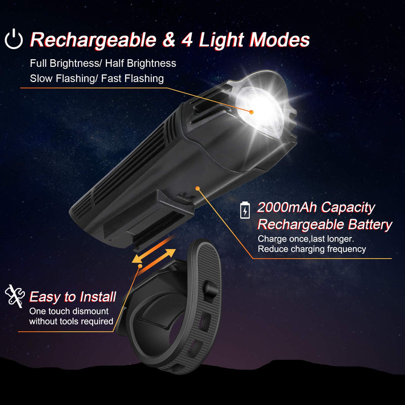 [Australia - AusPower] - Ascher Ultra Bright USB Rechargeable Bike Light Set, Powerful Bicycle Front Headlight and Back Taillight, 4 Light Modes, Easy to Install for Men Women Kids Road Mountain Cycling 