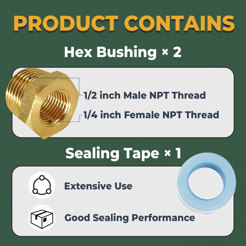 [Australia - AusPower] - LIONMAX Brass Pipe Fittings 2 PCS, 1/2 Inch NPT Male X 1/4 Inch NPT Female, Hex Bushing Reducer Threaded Adapter, with Sealing Tape 