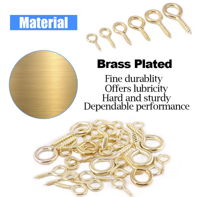 [Australia - AusPower] - Glarks 100-Pieces 6 Size Brass Plated Lag Eyebolts Screw-in Eye Shape Screw Hooks Hanging Hooks Assortment Set 