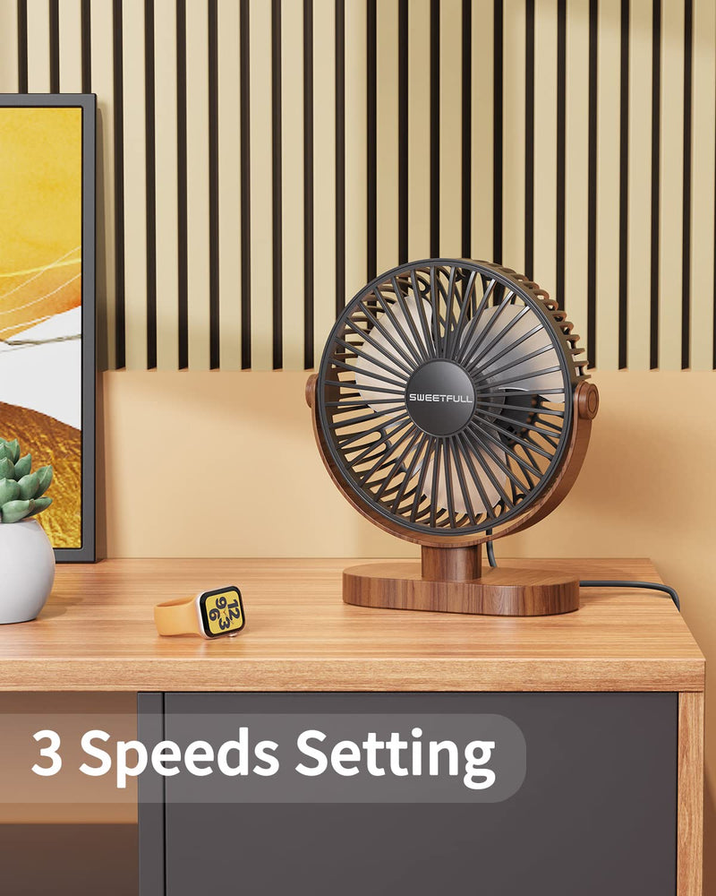 [Australia - AusPower] - SWEETFULL 6.4 Inch USB Small Desk Fan, 3 Speeds Quiet Portable Desktop Table Fan, 360° Adjustment Personal Mini Fan for Home Office Car Outdoor Travel (Black wood grain) Black wood grain 