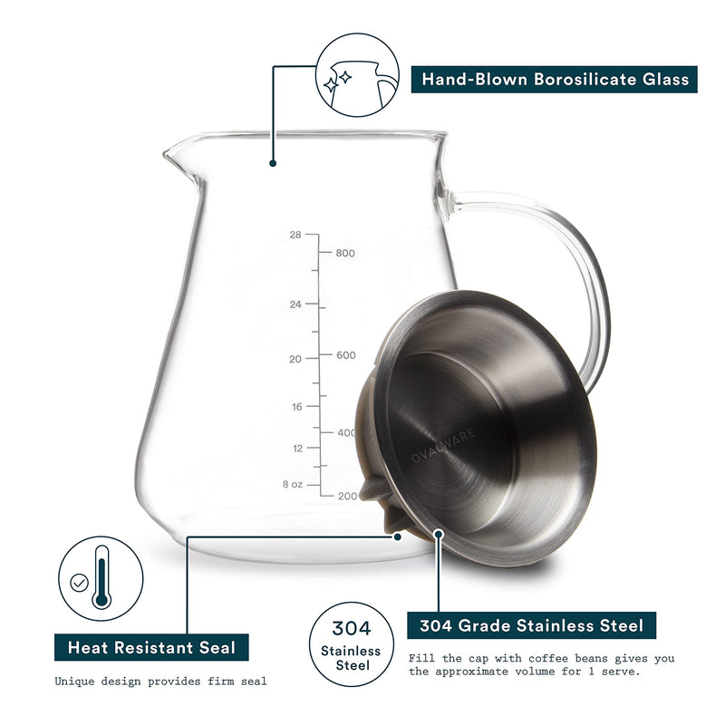 [Australia - AusPower] - Glass Range Coffee Server For Pour Over Coffee & Tea - 800ml/27oz Ovalware Microwave Safe & Heatproof 2.5mm Thick Glass Body 