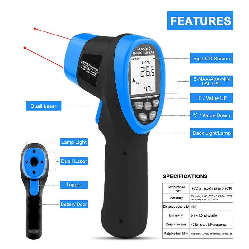 [Australia - AusPower] - Infrared Thermometer AP-985B Pyrometer -50~1360 ℃ (-58~2480 ℉) with Data Storage, Background Lighting for Cooking Forge Melting Furnace Kilns 