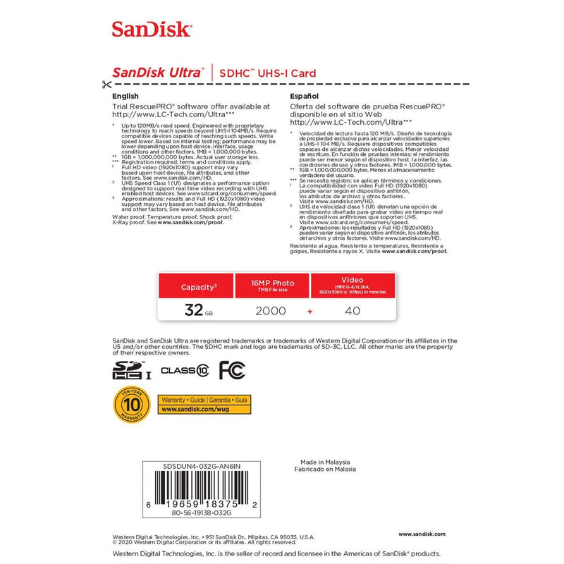 [Australia - AusPower] - SanDisk 32GB Ultra UHS-I Class 10 U1 SDHC Memory Card, 120MB/s Read, 10MB/s Write 