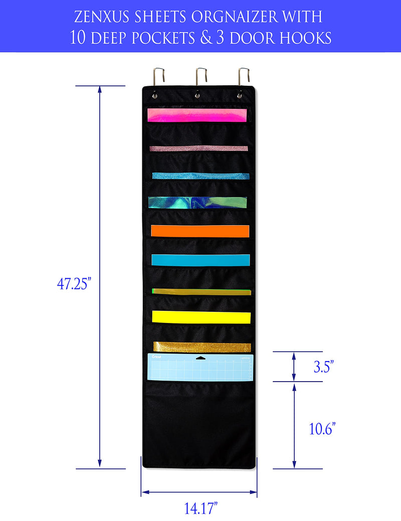 [Australia - AusPower] - ZENXUS Hanging Organizer, 12x12 Paper Storage, Deep Pocket Vinyl Holder, for Cardstock, Scrapbook, Craft Paper, 3 Door Hooks Included 10 Pocket x1 