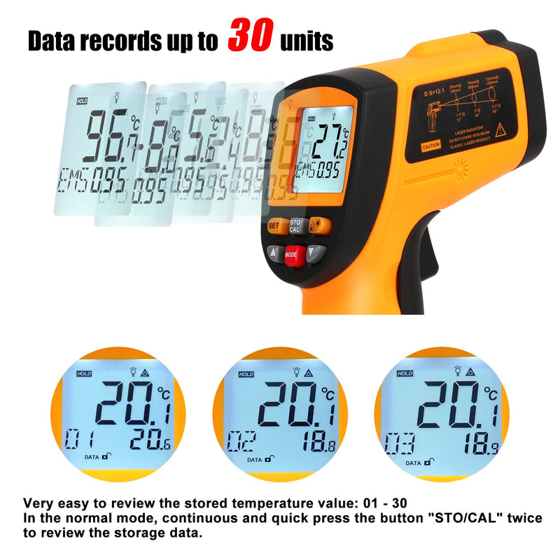 [Australia - AusPower] - Industrial Infrared Thermometer (Not for Human)-58°F to 1382°F, Non-Contact Laser Temperature Gun with Alarm& Data Saving, Temperature Thermometer Measuring Gun for Kitchen Cooking, BBQ, Ovens 