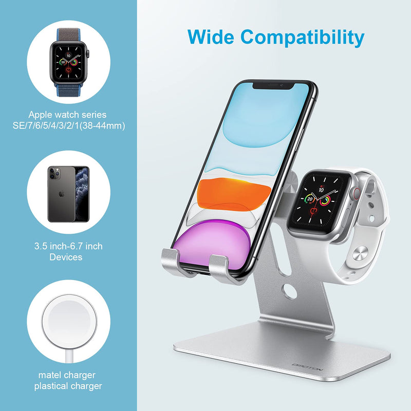 [Australia - AusPower] - OMOTON Apple Watch Charging Stand - 2 in 1 Adjustable Aluminum Phone Stand Holder Dock for Apple Watch SE/7/6/5/4/3/2/1, Apple Watch Charger Stand for iPhone 13/12 Pro Max/Pro/Mini/11, Silver 