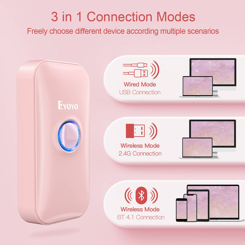 [Australia - AusPower] - Eyoyo Mini 1D Bluetooth Barcode Scanner, 3-in-1 Bluetooth & USB Wired & 2.4G Wireless Barcode Reader Portable Bar Code Scanning Work with Windows, Android, iOS, Tablets or Computers(Pink) Pink 