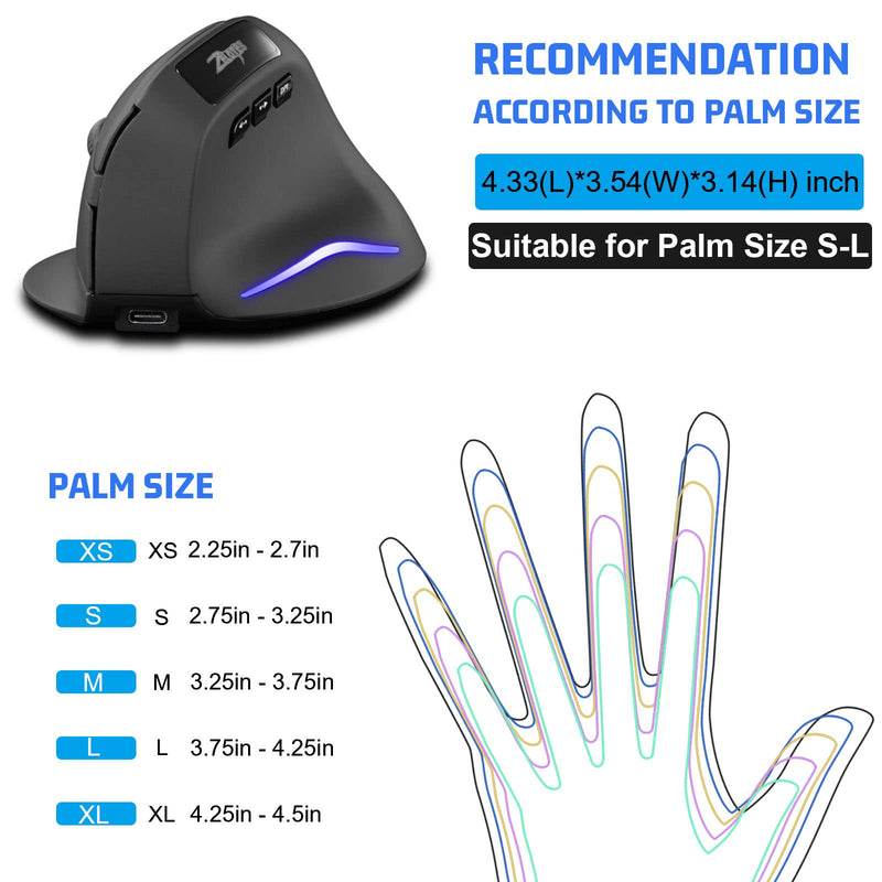 [Australia - AusPower] - Wireless Vertical Mouse, 2.4G Wireless Ergonomic Vertical Computer Mouse with 3 Adjustable DPI 1000/1600/2400, Rechargeable Laptop Mouse-Reduce Wrist Pain Compatible with PC, Desktop,Mac (Black)… Black 