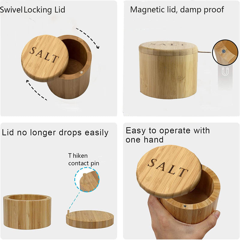 [Australia - AusPower] - Salt Cellar, Bamboo Salt Box, Salt Container With Spoon, Salt Holder With Lid, Salt Shaker, Cumin and Pepper Bowl with Magnetic Swivel Lid (1 box with engraved "Salt")… ("SALT" engraved) "SALT" engraved 
