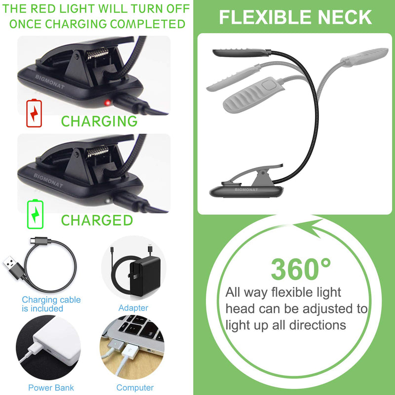 [Australia - AusPower] - BIGMONAT Book Reading Light,Rechargeable Amber Book Led Night Light,Portable Bendable Neck, USB or Battery Operated,Brightness Adjustable Reading Light,Reduces Eye Strain,Black 