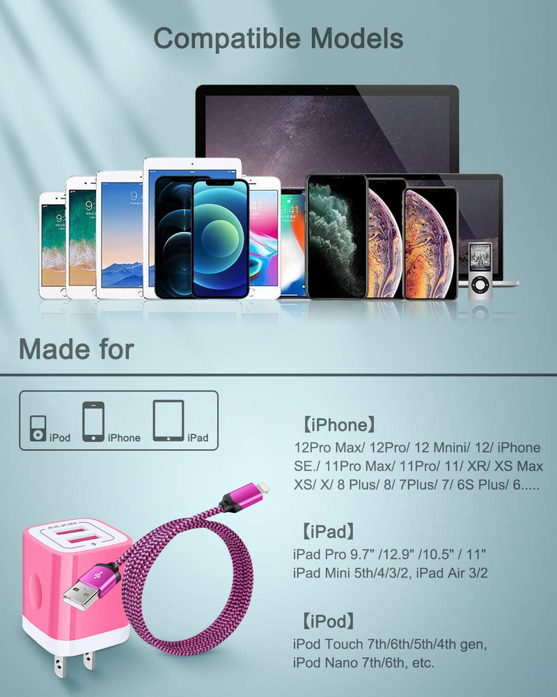 [Australia - AusPower] - [Apple MFI Certified] iPhone Charger for 12/12 Mini/12 Pro/12 Pro Max/SE/11/11 Pro/11Pro Max/XS/XR/8/7/6s, iPad, iPod, AILKIN Fast Charging Braided Cable with USB Wall Charger, Dual USB Block 6ft Cord pink 