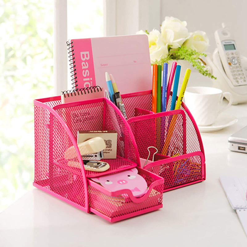 [Australia - AusPower] - VANRA Office Supply Caddy Mesh Desk Organizer School Supply Holder 6 Compartments with Drawer (Pink) Pink 