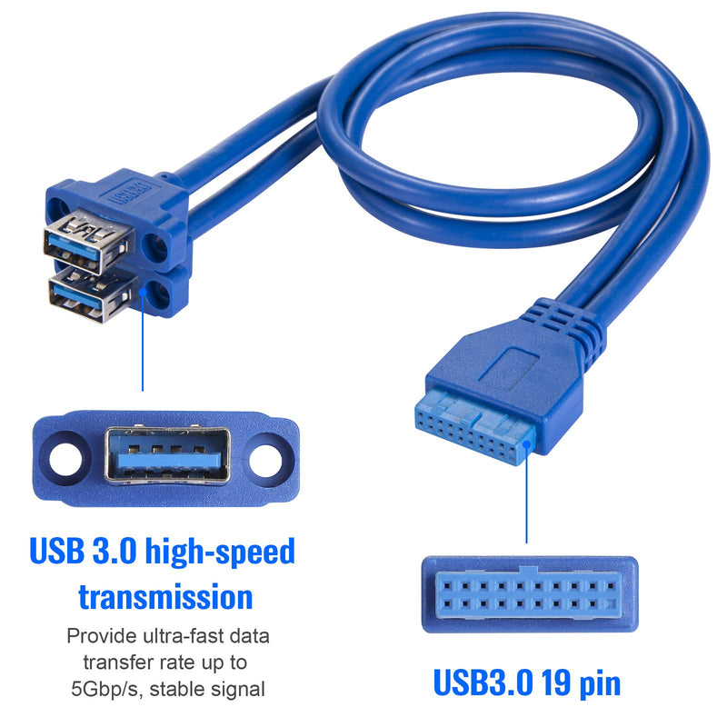 [Australia - AusPower] - BEYIMEI 2 Ports USB 3.0 Front Panel Cable, 19-pin to Double A Connector, USB 3.0 Adapter Cable DIY Housing, with Screws -Blue (50cm / 1.64 ft) BLUE 