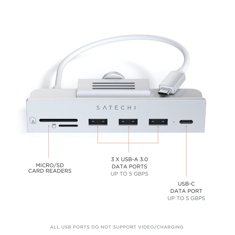 [Australia - AusPower] - Satechi USB-C Clamp Hub – USB-C Data Port, USB-A 3.0 Data, Micro/SD Card Reader – Compatible with Apple Studio Display and 2021 iMac 24-inch. Does Not Fit 2020 iMac and Earlier Models (Silver) Silver 