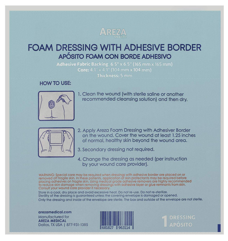 [Australia - AusPower] - Foam Wound Dressing with Adhesive Border 6.5" x 6.5" Central Foam: 4.1" x 4.1" Thickness 5 mm 5 per Box by Areza Medical 