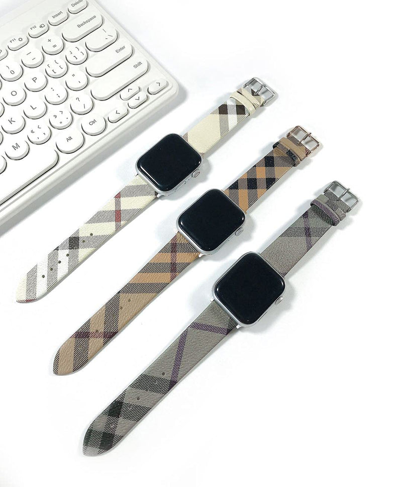 [Australia - AusPower] - KAIJIA Leather Band Compatible with Apples Watch Series 7 6 5 4 3 2 1 SE for iWatch 45mm 44mm 42mm 41mm 40mm 38mm,Luxury Collegiate Classic Plaid Lady Men Smartwatch Strap Beige+silver 38/40/41mm 