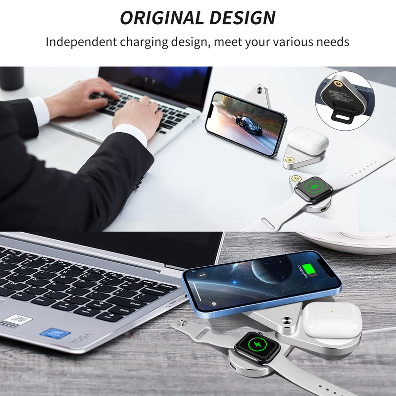 [Australia - AusPower] - 3 in 1 Detachable Magnetic Wireless Charger, 15W Fast Wireless Charging Station for iPhone 13/12, Foldable Wireless Charger Stand Compatible with iWatch SE/6/5/4/3/2 and Airpods Pro/2(Sliver) sliver 