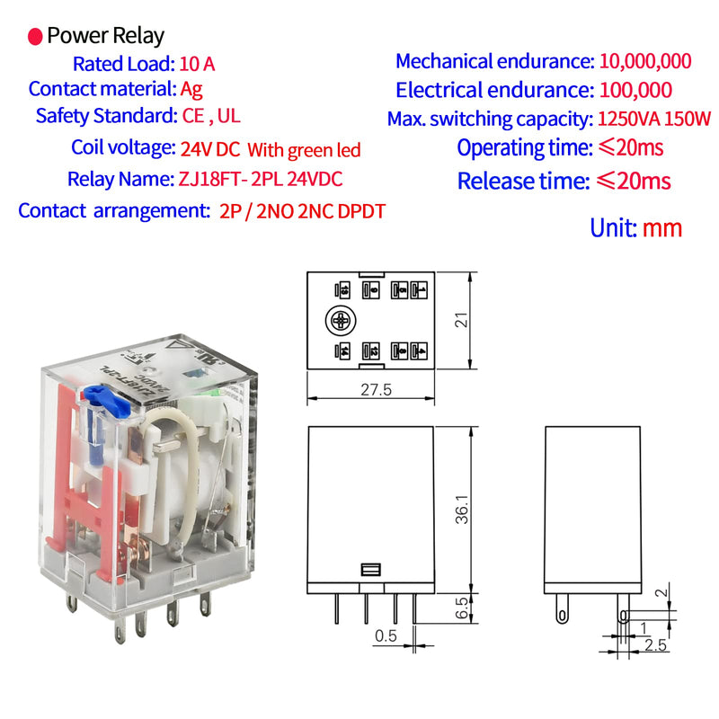 [Australia - AusPower] - Power Relay Coil 8 Pin 10A DPDT LED Indicator Electromagnetic with DIN Rail Slotted Aluminum Passed UL Certification DC 24V 8Pin-High Current-10A 
