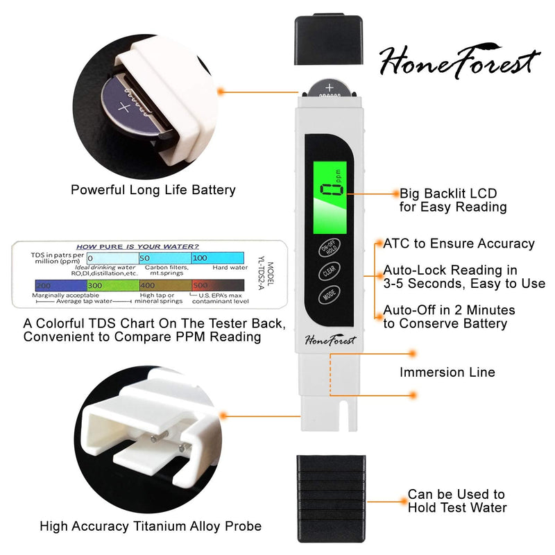 [Australia - AusPower] - Water Quality Tester, Accurate and Reliable, HoneForest TDS Meter, EC Meter & Temperature Meter 3 in 1, 0-9990ppm, Ideal Water Test Meter for Drinking Water, Aquariums, etc. White 