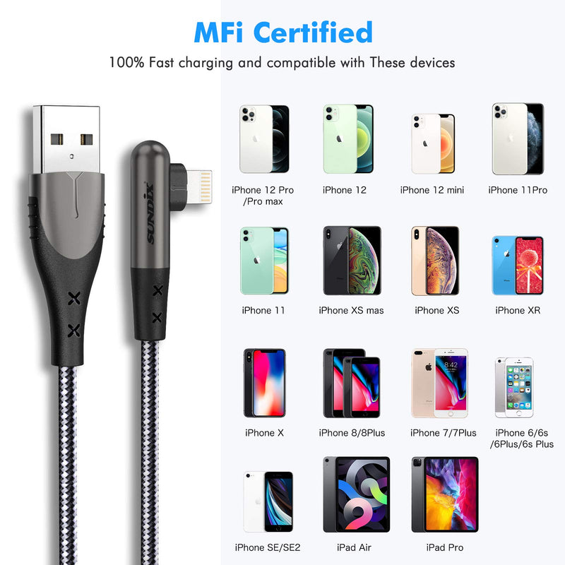 [Australia - AusPower] - Phone Charger, Sundix Lightning Cable 3 Pack 10FT [MFi Certified], Nylon Braided 90 Degree iPhone Charger Cable Compatible 12/12mini/12Pro/11/11Pro/X/Xs Max/XR/8 Black Gray 