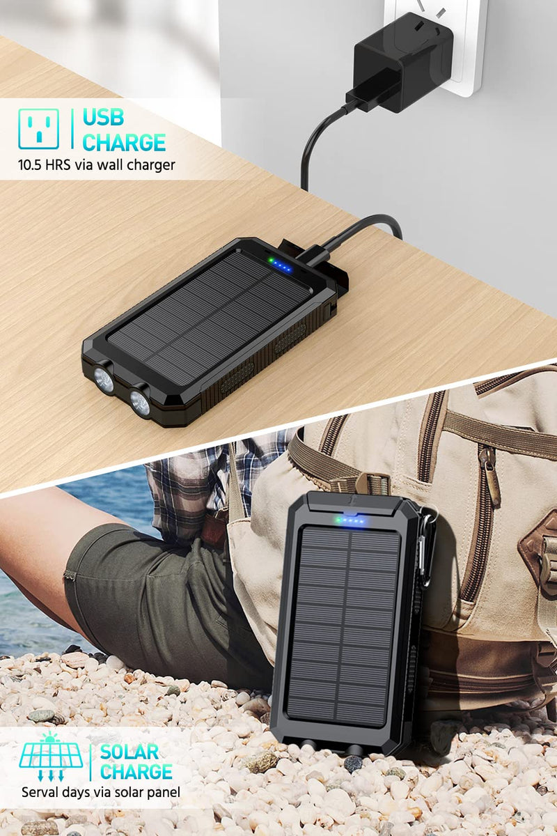 [Australia - AusPower] - Power-Bank-Portable-Charger-Solar - 36800mAh Waterproof Portable External Backup Battery Charger Built-in Dual QC 3.0 5V3.1A Fast USB and Flashlight for All Phone and Electronic Devices (Black) Black 