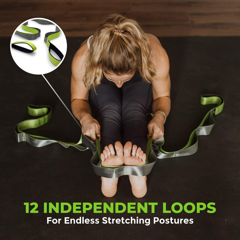 [Australia - AusPower] - Gradient Fitness Stretching Strap for Physical Therapy, 12 Multi-Loop Stretch Strap 1.5" W x 8' L, Neoprene Handles, Physical Therapy Equipment, Yoga Straps for Stretching, Leg Stretcher Green/Grey 