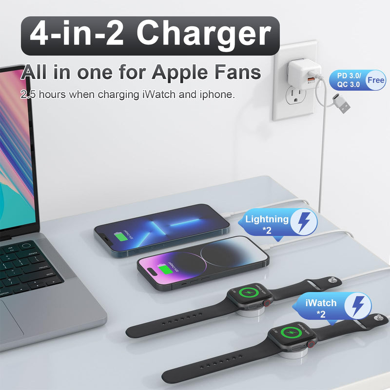 [Australia - AusPower] - 4 in 2 New Dual Apple Watch Charger Cable - Apple Watch*2+Lightning*2 Travel Charger for iPhone and Apple Watch, 6FT/1.8M Triple Charger iWatch Magnetic Charging Cable for iPhone Apple Watch Airpods HDK156 