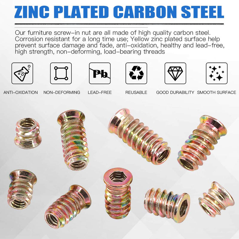 [Australia - AusPower] - Glarks 50Pcs 1/4"-20x10mm Threaded Inserts Nuts Zinc Plated Carbon Steel Hex Socket Drive Furniture Flanged Screw-in Nut with M6 Hex Wrench for Wood Furniture (1/4"-20 x 10mm) 1/4"-20 x 10mm 