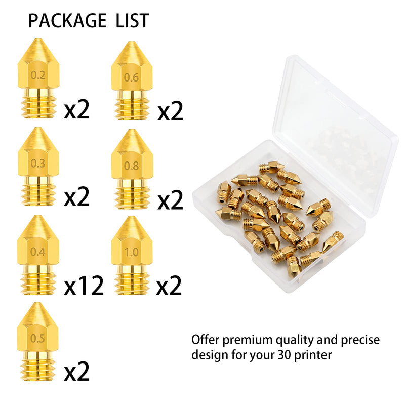 [Australia - AusPower] - LUTER 24PCS Extruder Nozzles 3D Printer Nozzles for MK8 0.2mm, 0.3mm, 0.4mm, 0.5mm, 0.6mm, 0.8mm, 1.0mm with Free Storage Box for Makerbot Creality CR-10 Ender 3 5 Gold 