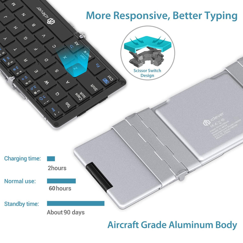 [Australia - AusPower] - Folding Keyboard, iClever BK08 Bluetooth Keyboard with Sensitive Touchpad (Sync Up to 3 Devices), Pocket-Sized Tri-Folded Fodable Keyboard for iPad Mac iPhone Android Windows iOS, Silver 