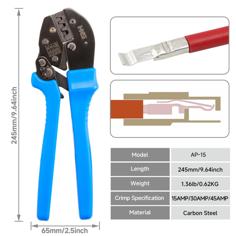 [Australia - AusPower] - HKS Ratchet Crimping Tool for 5, 30 and 45 Amp Contacts DC Power Connector Modular Power Terminals, Powerpole Crimper with Build-in Orientation Block AP-15 Crimper 