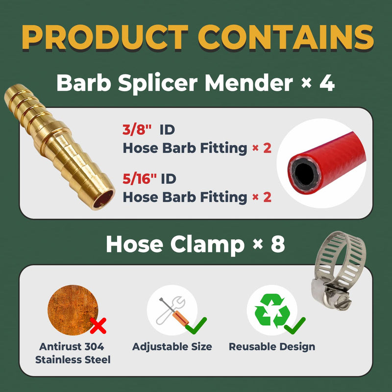 [Australia - AusPower] - Barb Splicer Mender Kit 12PCS, LIONMAX Brass Barb Union Hose Fittings, include 3/8 Inch Barb (2PCS) + 5/16 Inch Barb (2PCS) + Hose Clamps (8PCS), for Air/Water/Fuel/Oil 