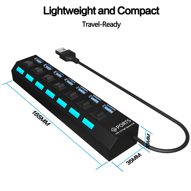 [Australia - AusPower] - MIUOLV 7-Port USB 2.0 Hub with LED Light Power Switches, USB Splitter for Laptop, PS4 Keyboard and Mouse Adapter for Dell, Asus, HP, MacBook Air, Surface Pro, Acer, Xbox (Black) Black 