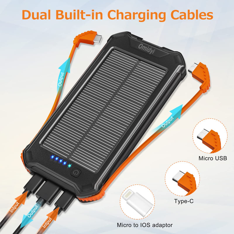 [Australia - AusPower] - Solar Charger Power Bank, Portable Phone Charger 20000mAh External Battery Pack, Fast Charging Bank w/LED Flashlight Built-in Type C, Android Cable, iOS Adapter, 3 Outputs for iPhone, Samsung, Tablet 