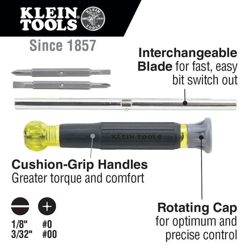 [Australia - AusPower] - Klein Tools 32581 4-in-1 Electronics Screwdriver Set with Precision Machines Bits: 2 Slotted, 2 Phillips, and Cushion Grip Handles, 4-Piece 