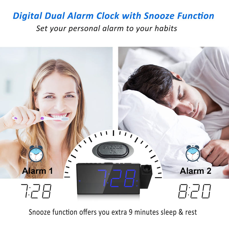 [Australia - AusPower] - Projection Digital Alarm Clock for Bedroom, Large LED Alarm Clock Projection on Ceiling Wall, 350°Projector,Dimmer,USB Charger,Battery Backup Loud Dual Alarm Clock for Heavy Sleeper Kid Elderly with Projection Blue Digits; Blue Projection 