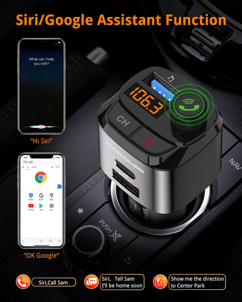 [Australia - AusPower] - UNBREAKcable Bluetooth 5.0 FM Transmitter for Car, Type-C PD 20W + Support QC3.0 18W Wireless Bluetooth Radio Car Adapter Receiver MP3 Audio Music Player FM Transmitters, Handsfree Call Car Charger 