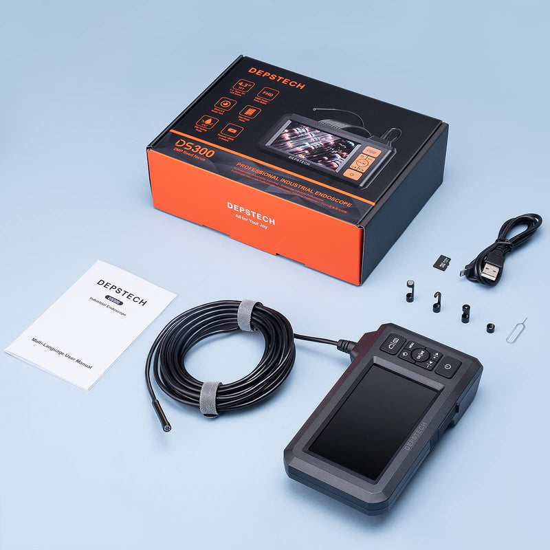 [Australia - AusPower] - DEPSTECH Industrial Endoscope, 5.5mm 1080P HD Digital Borescope Inspection Camera 4.3 Inch LCD Screen IP67 Waterproof Snake Camera with 6 LED Lights, 16.5FT Semi-Rigid Cable,32GB Card and Helpful Tool Black 