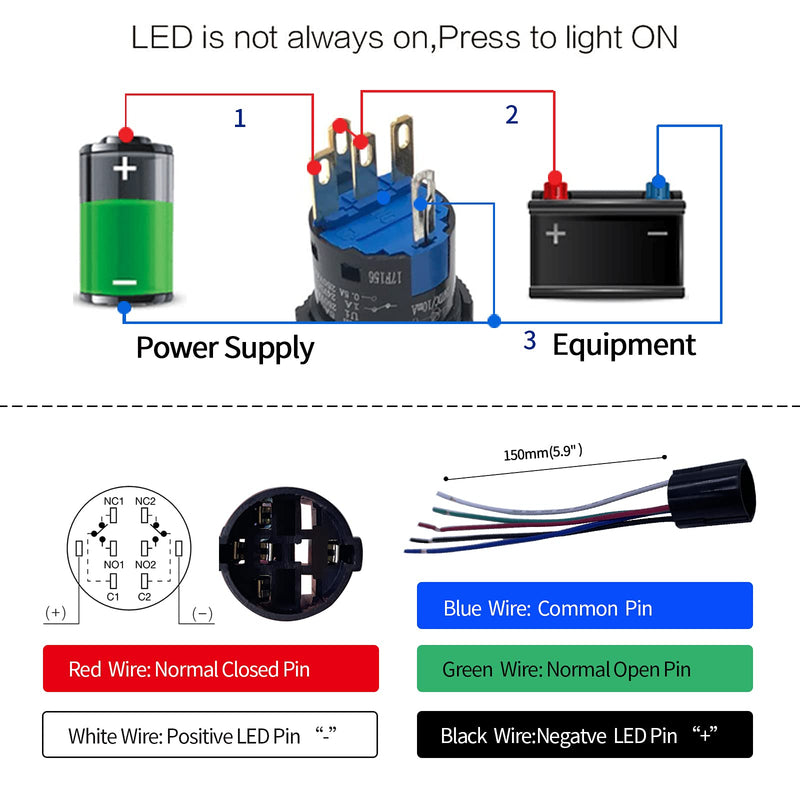 [Australia - AusPower] - 16mm Push Button Switch Square 1NO 1NC SPDT Momentary Switch 5/8" ON/Off with DC 12v LED Light Waterproof Self-Reset 5 Pin with Wire 3 Pcs K16-281 (White, Momentary) White 