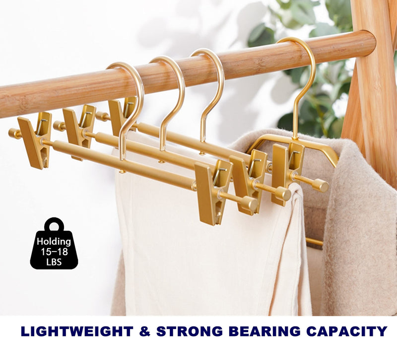[Australia - AusPower] - Amber Home Premium Matte Gold Aluminum Pants Hangers 10 Pack, 12.2” Extra Smooth & Durable Metal Skirt Slack Hanger, Light & Sturdy Metal Rack for Trouser with 2-Adjustable Non Slip Clips Swivel Hook 