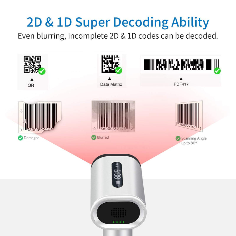 [Australia - AusPower] - Alacrity 2D 1D Wireless Barcode Scanner with Display Screen, Bluetooth/2.4GHz/USB 3 in 1, Datamatrix QR Code PDF417 Handheld Barcode Reader for Screen and Printed Bar Code Scan, Handsfree with Stand 