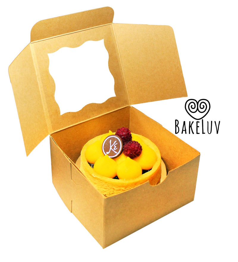 [Australia - AusPower] - BAKELUV 4X4X2.5” Brown Mini Cake Boxes with Window | 25 Pack | Small Bakery Boxes with Window, Small Pastry Boxes, Baking Boxes, Small Cookie Boxes, Donut Boxes Individual, Bakery Take Out Containers 